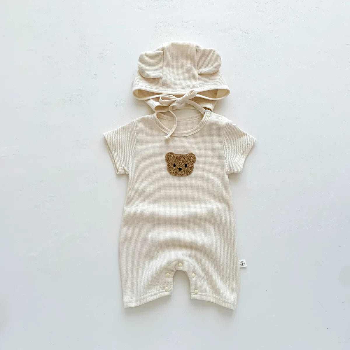 Baby Waffle Bear Romper & Hat Set | Short Sleeve Newborn Jumpsuit 0-24 Months