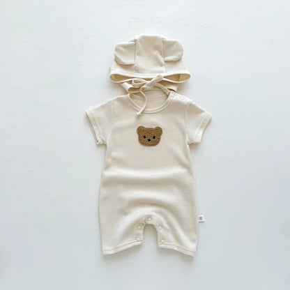 Baby Waffle Bear Romper & Hat Set | Short Sleeve Newborn Jumpsuit 0-24 Months