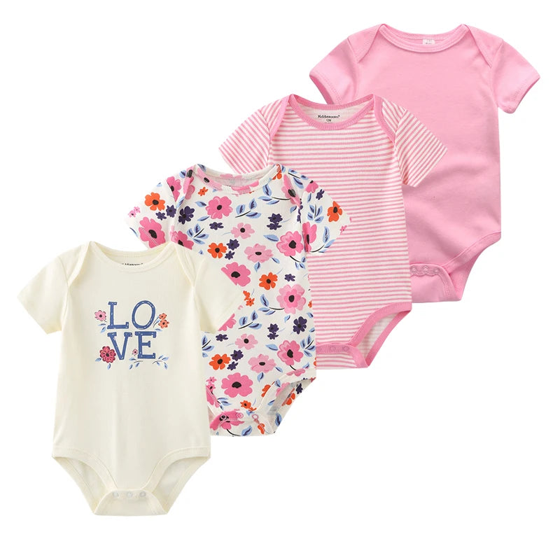 Baby Cartoon Cotton Romper 4-Piece Set | Short Sleeve Newborn Bodysuit 3-12 Months