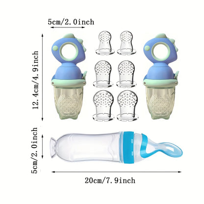 9-Piece Baby Feeding Set | Dinosaur Fruit Feeder, Silicone Bottle & Storage Bags | BPA-Free
