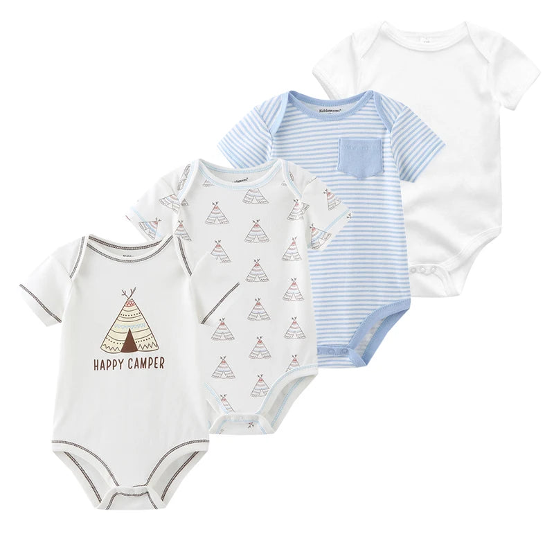 Baby Cartoon Cotton Romper 4-Piece Set | Short Sleeve Newborn Bodysuit 3-12 Months