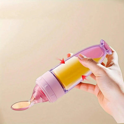 90ml Colourful Silicone Baby Bottle Feeder | Soft Spoon, Suction Cup & Dust Cap | Portable Squeeze Bottle