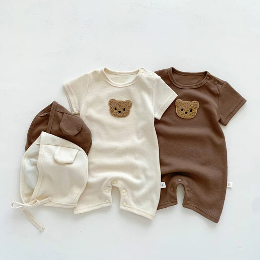 Baby Waffle Bear Romper & Hat Set | Short Sleeve Newborn Jumpsuit 0-24 Months