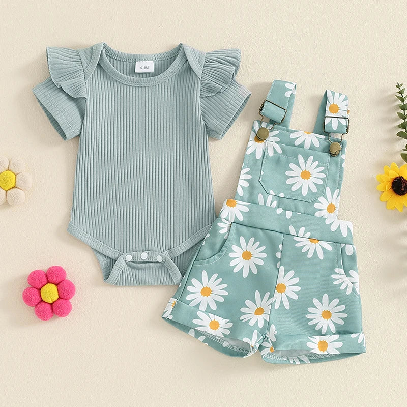 Baby Girl Flower Print Romper & Suspender Shorts Set | Summer Outfit 0-18 Months