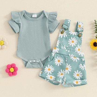 Baby Girl Flower Print Romper & Suspender Shorts Set | Summer Outfit 0-18 Months