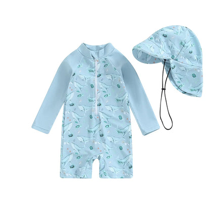 Baby Boy Whale Print Rash Guard & Sun Hat Swimwear Set | 0-3 Years
