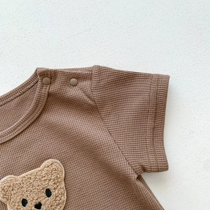 Baby Waffle Bear Romper & Hat Set | Short Sleeve Newborn Jumpsuit 0-24 Months