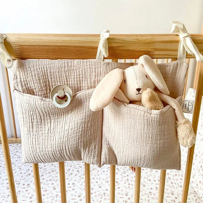 Baby Crib Storage Bag | Cotton Double Pouch Bed Organiser for Nappies, Toys & Essentials