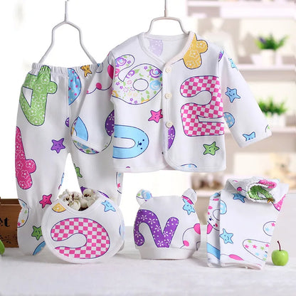 5-Piece Newborn Baby Clothing Set | Cartoon Cotton Tops & Pants 0-3 Months