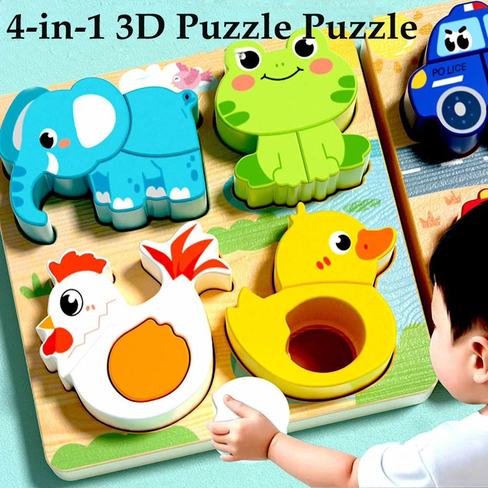 4-in-1 Wooden Animal Puzzle | Early Learning Jigsaw for Toddlers 1–3 Years