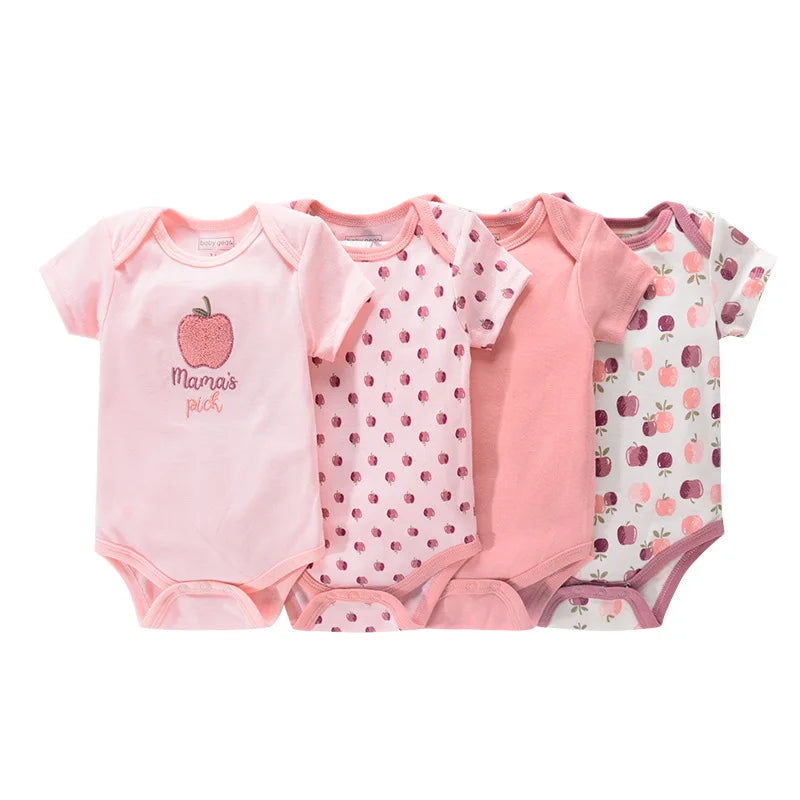 Baby Cartoon Cotton Romper 4-Piece Set | Short Sleeve Newborn Bodysuit 3-12 Months