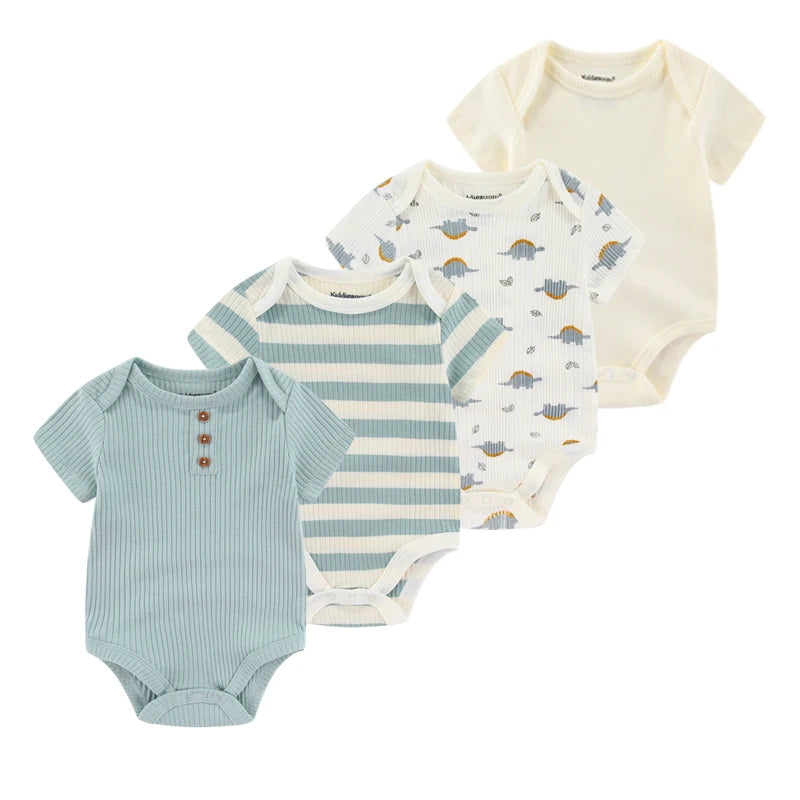 Baby Cartoon Cotton Romper 4-Piece Set | Short Sleeve Newborn Bodysuit 3-12 Months