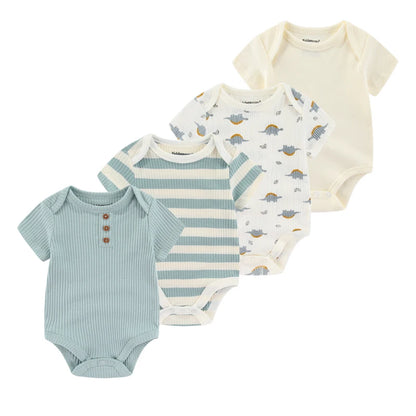 Baby Cartoon Cotton Romper 4-Piece Set | Short Sleeve Newborn Bodysuit 3-12 Months