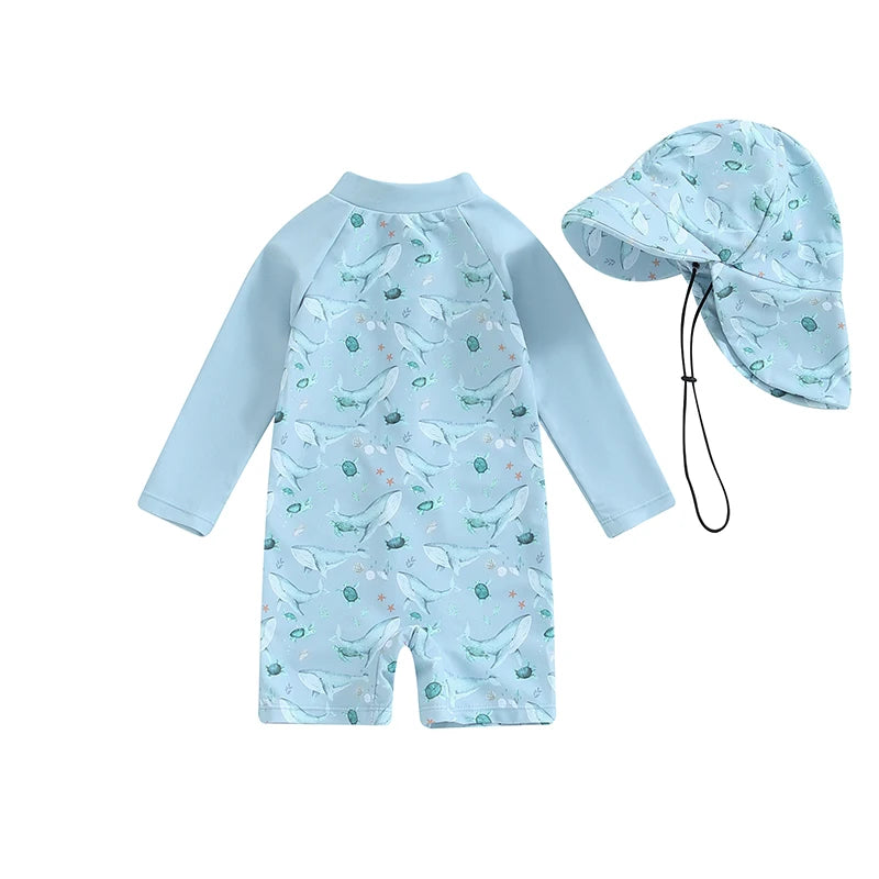 Baby Boy Whale Print Rash Guard & Sun Hat Swimwear Set | 0-3 Years