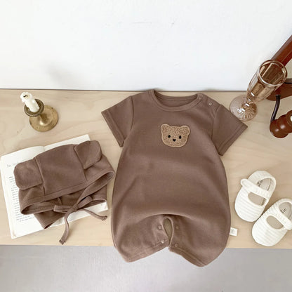 Baby Waffle Bear Romper & Hat Set | Short Sleeve Newborn Jumpsuit 0-24 Months
