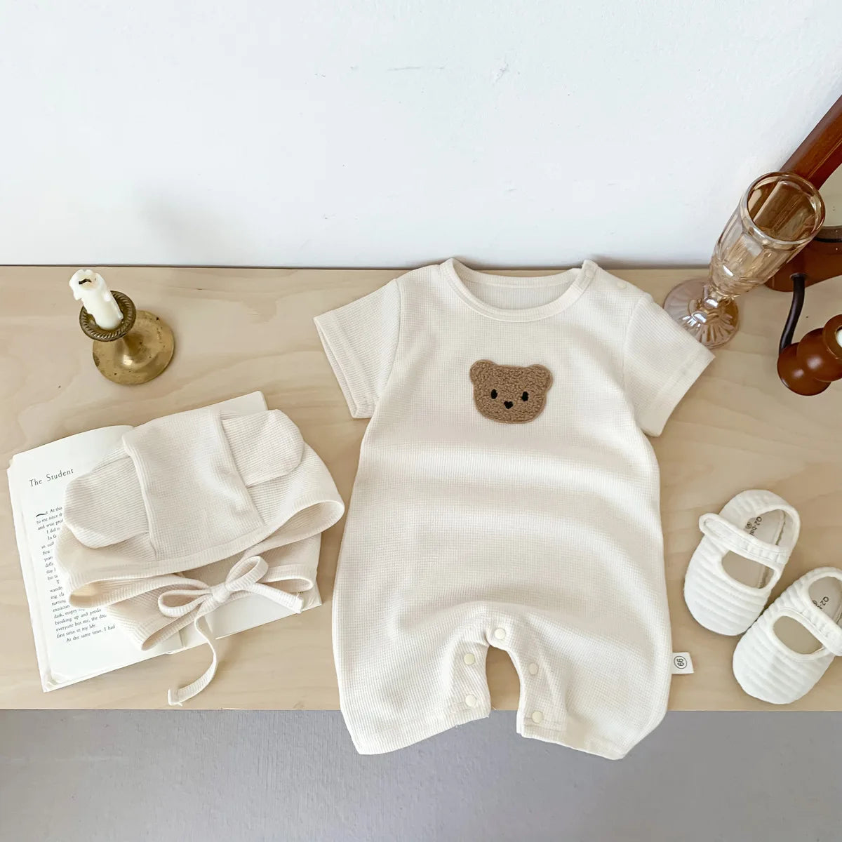 Baby Waffle Bear Romper & Hat Set | Short Sleeve Newborn Jumpsuit 0-24 Months