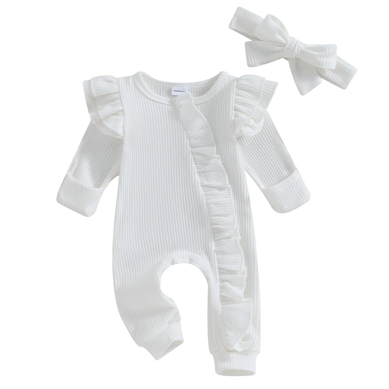 Baby Girl Ruffle Sleeve Zipper Romper & Bow Headband Set | Solid Colour 0-12 Months