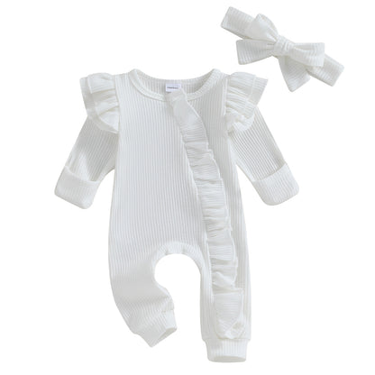 Baby Girl Ruffle Sleeve Zipper Romper & Bow Headband Set | Solid Colour 0-12 Months
