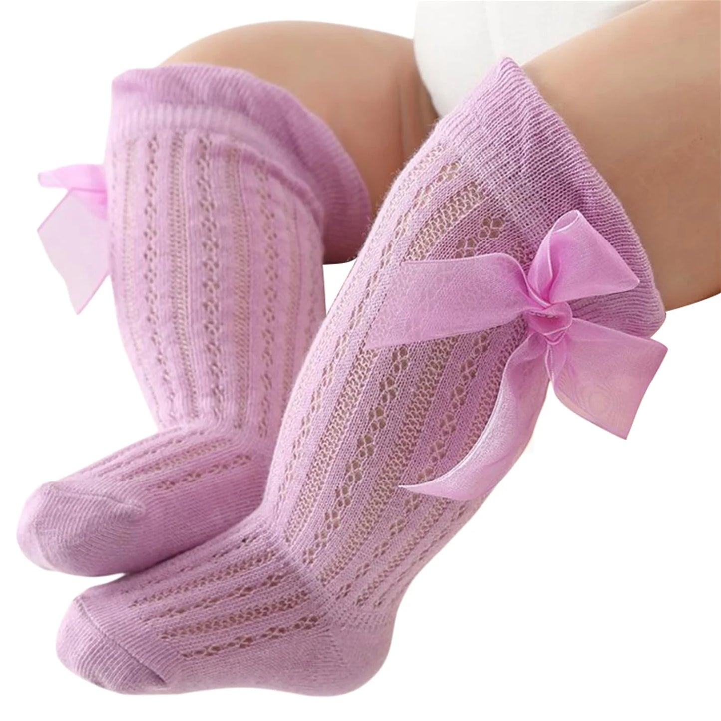 Baby Girls Over-The-Knee Bow Stockings | Breathable Cotton Socks 0-24 Months