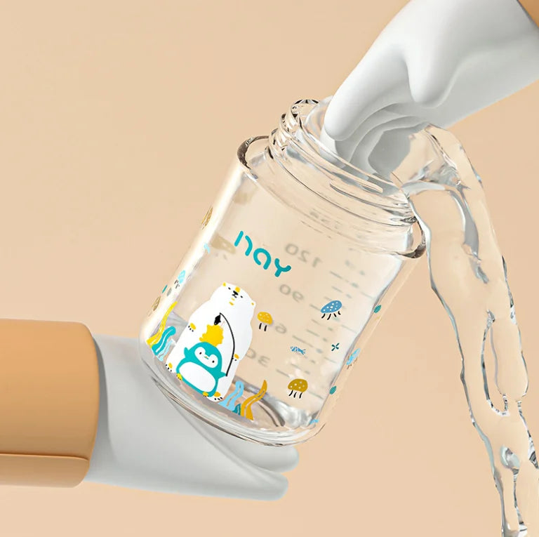 Colourful Cartoon Anti-Choke Glass Baby Bottle | 160ml & 240ml | 0-9 Months