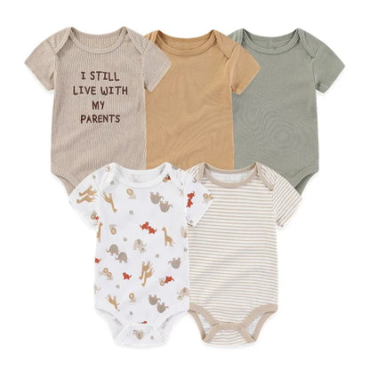 Baby Unisex Cotton Bodysuit 5-Pack | Short Sleeve Cartoon Print 0-12 Months