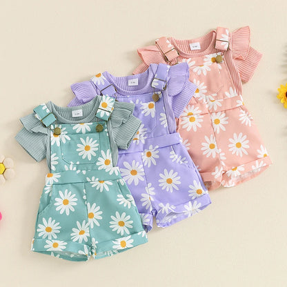 Baby Girl Flower Print Romper & Suspender Shorts Set | Summer Outfit 0-18 Months