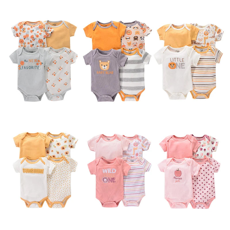 Baby Cartoon Cotton Romper 4-Piece Set | Short Sleeve Newborn Bodysuit 3-12 Months