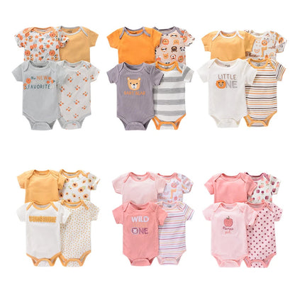 Baby Cartoon Cotton Romper 4-Piece Set | Short Sleeve Newborn Bodysuit 3-12 Months