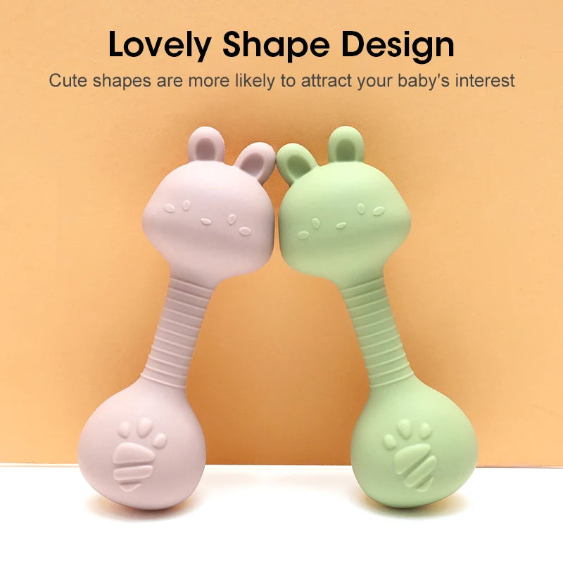 Baby Bunny Silicone Rattle Teether | Easy-Grip Dumbbell Toy for Infants