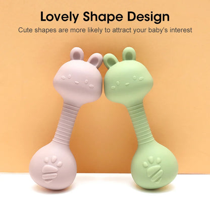 Baby Bunny Silicone Rattle Teether | Easy-Grip Dumbbell Toy for Infants