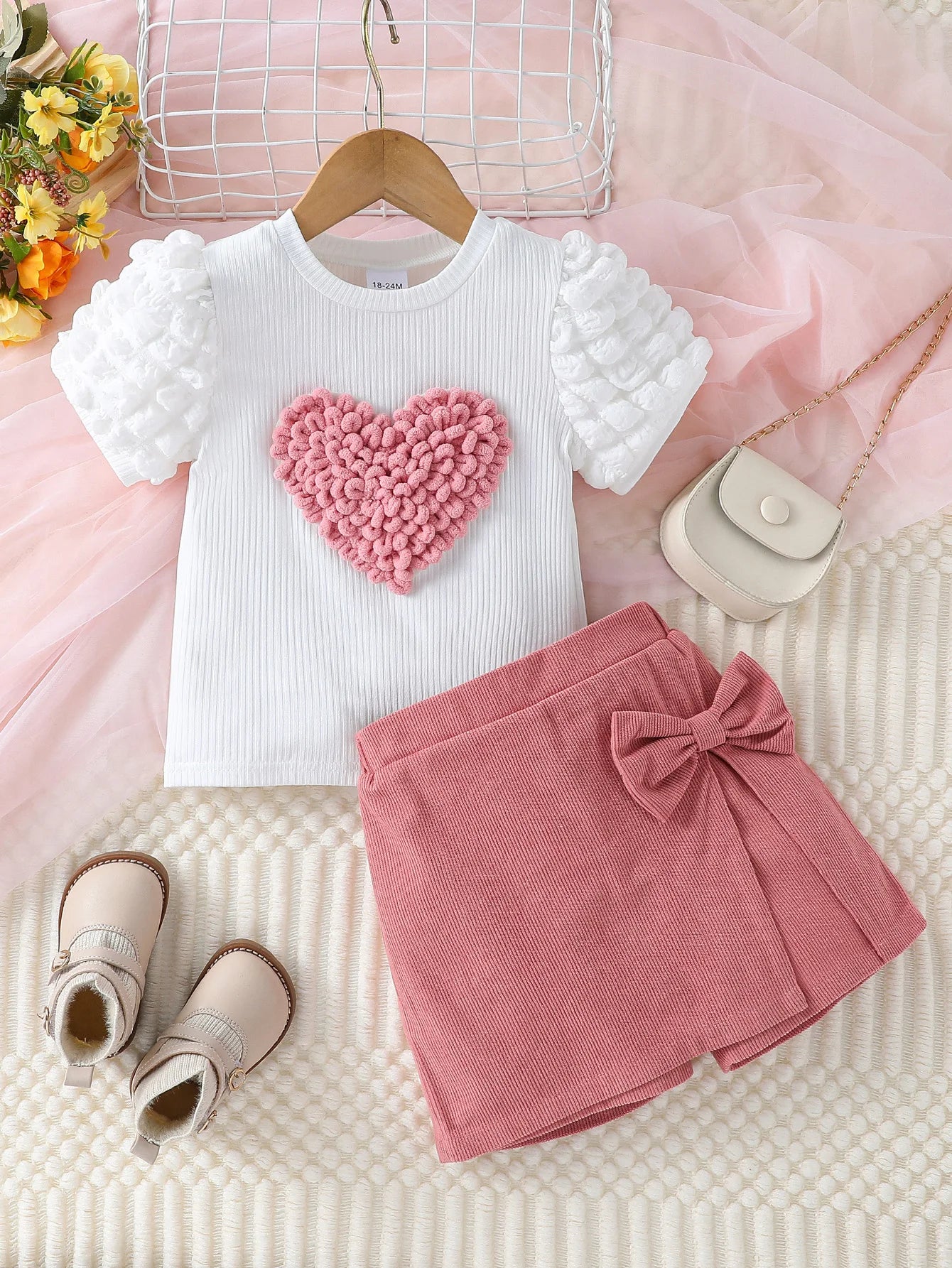 Girls Heart Puff Sleeve Top & Bow Shorts Set