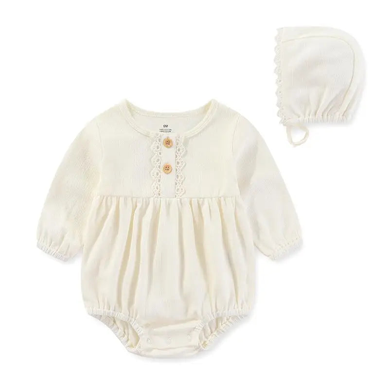 Baby Girl Cotton Lace Bodysuit & Hat Set | Long Sleeve 0-24 Months