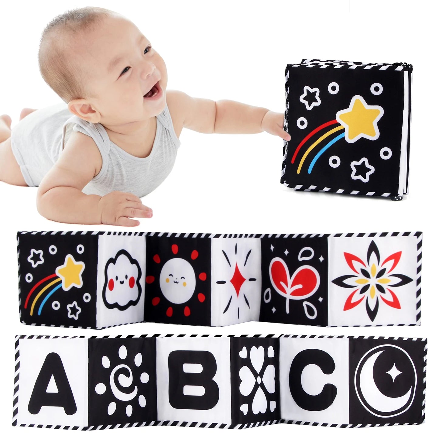 High Contrast Sensory Cloth Book for Babies | Black & White Montessori Newborn Toy