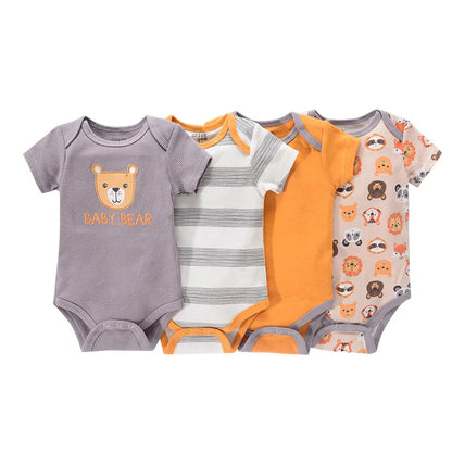 Baby Cartoon Cotton Romper 4-Piece Set | Short Sleeve Newborn Bodysuit 3-12 Months