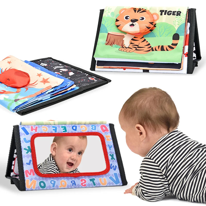 Black & White Baby Cloth Book | Montessori Sensory Toy with Mirror for Newborns 0–12 Months