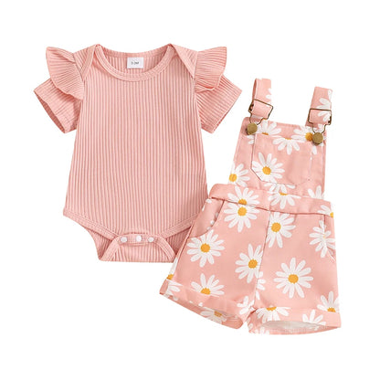 Baby Girl Flower Print Romper & Suspender Shorts Set | Summer Outfit 0-18 Months