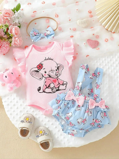 Baby Girl Elephant Print T-Shirt, Headband & Overalls Set