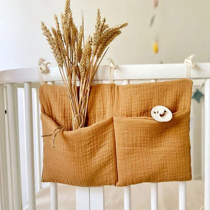 Baby Crib Storage Bag | Cotton Double Pouch Bed Organiser for Nappies, Toys & Essentials