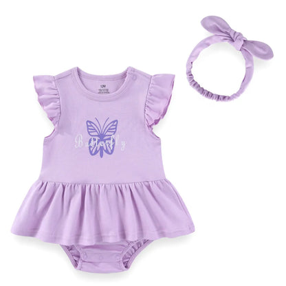 Baby Girl Cartoon Bodysuit & Bow Headband Set | Flutter Sleeve 100% Cotton 0-24M