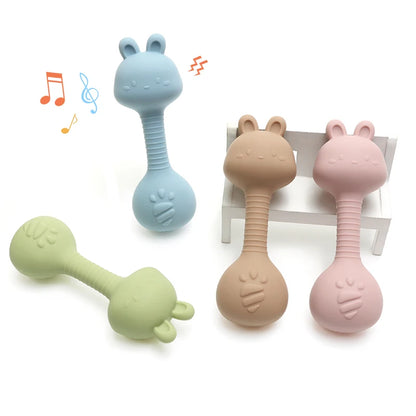 Baby Bunny Silicone Rattle Teether | Easy-Grip Dumbbell Toy for Infants