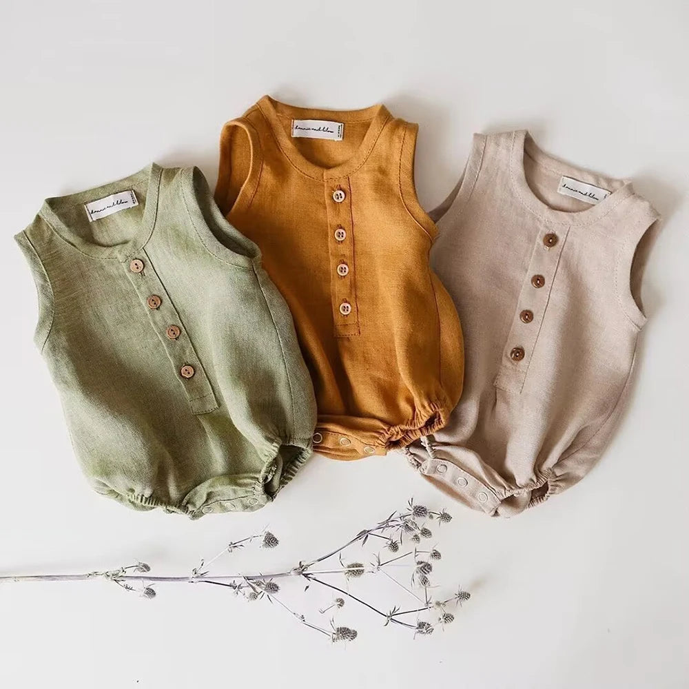 Newborn Linen Cotton Sleeveless Romper | Breathable Unisex Bodysuit 0–24 Months