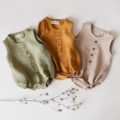 Newborn Linen Cotton Sleeveless Romper | Breathable Unisex Bodysuit 0–24 Months