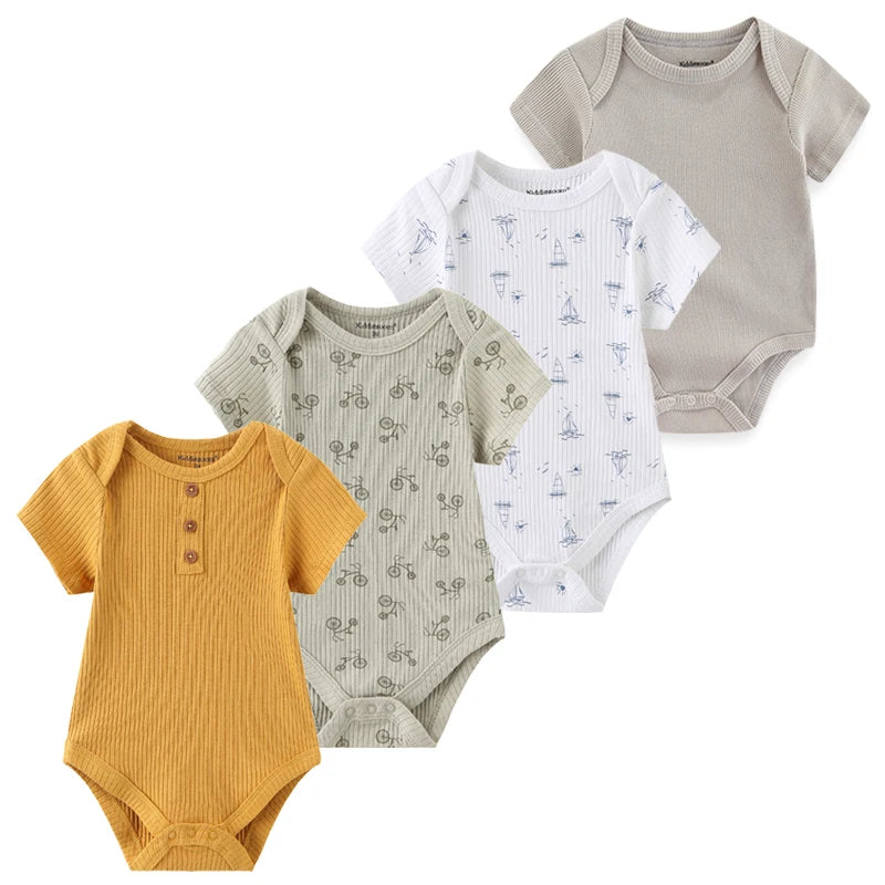 Baby Cartoon Cotton Romper 4-Piece Set | Short Sleeve Newborn Bodysuit 3-12 Months