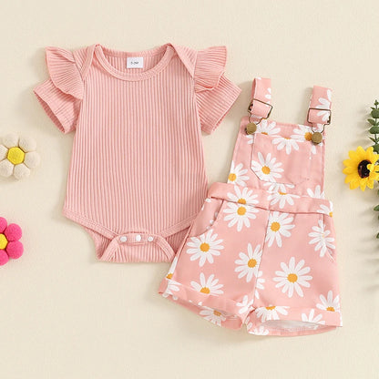 Baby Girl Flower Print Romper & Suspender Shorts Set | Summer Outfit 0-18 Months