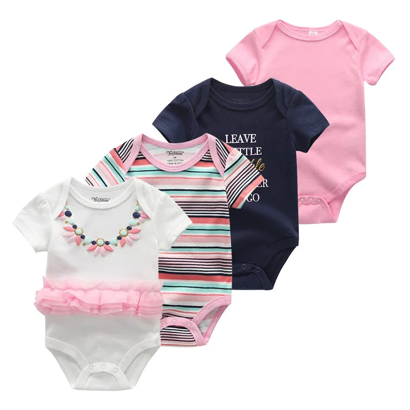 Baby Cartoon Cotton Romper 4-Piece Set | Short Sleeve Newborn Bodysuit 3-12 Months