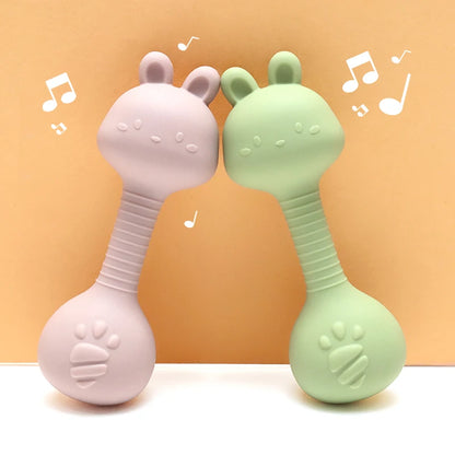 Baby Bunny Silicone Rattle Teether | Easy-Grip Dumbbell Toy for Infants
