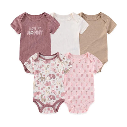 Baby Unisex Cotton Bodysuit 5-Pack | Short Sleeve Cartoon Print 0-12 Months