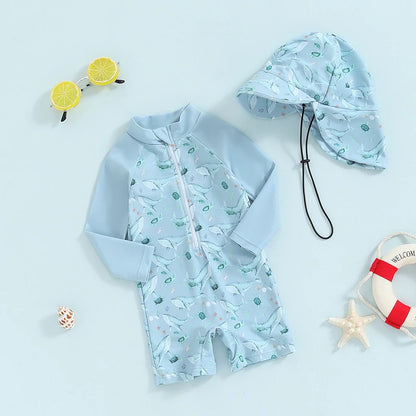 Baby Boy Whale Print Rash Guard & Sun Hat Swimwear Set | 0-3 Years