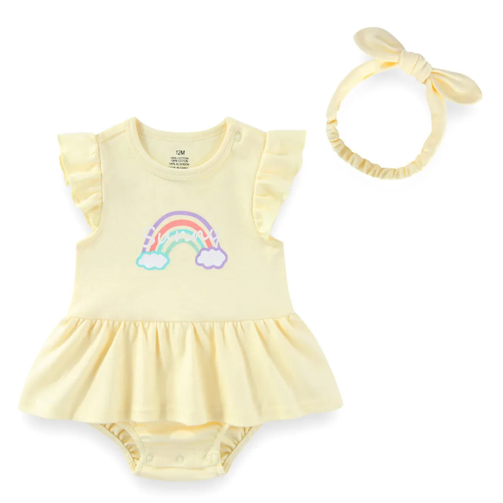 Baby Girl Cartoon Bodysuit & Bow Headband Set | Flutter Sleeve 100% Cotton 0-24M