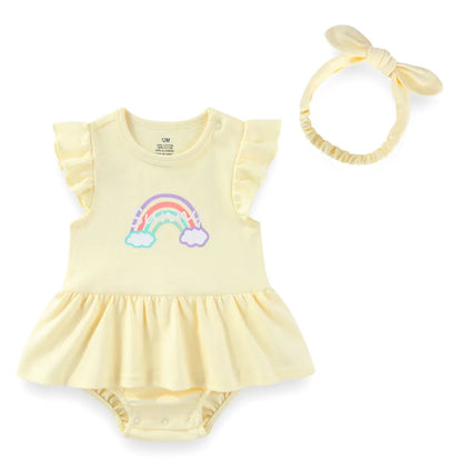Baby Girl Cartoon Bodysuit & Bow Headband Set | Flutter Sleeve 100% Cotton 0-24M